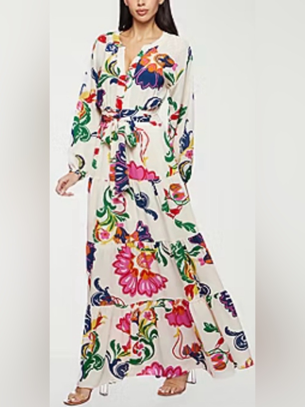 Cream Floral Maxi Dress with Belt